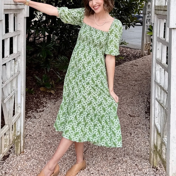 Faithfull The Brand Le Galet Midi Dress Sable Paisley Green Smocked Square Neck - Picture 2 of 10